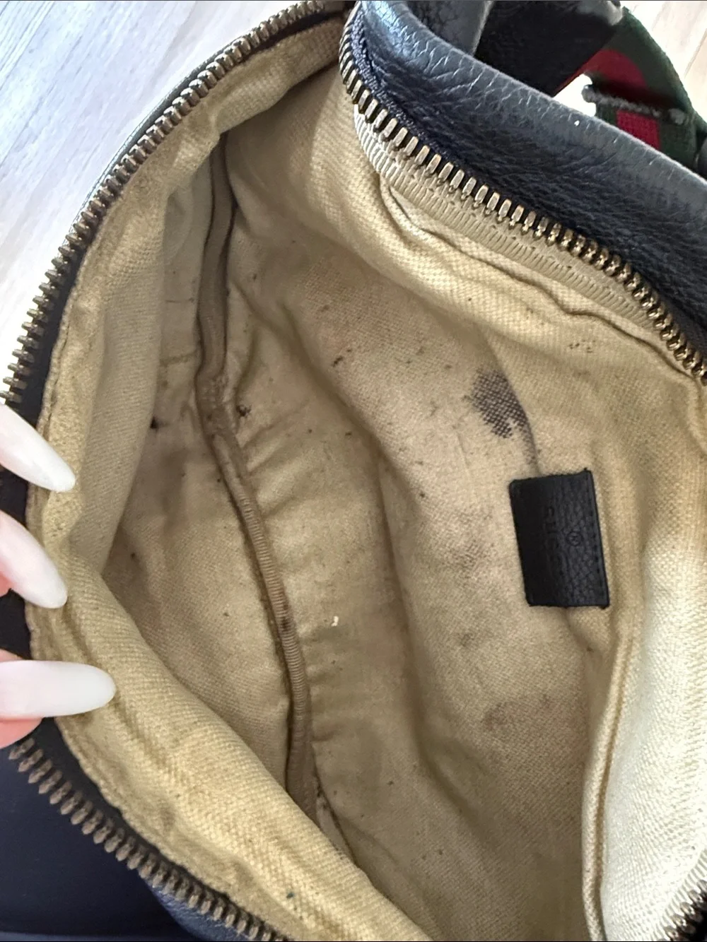 Gucci Black Leather Belt Bag with Green-Red Web Stripe
